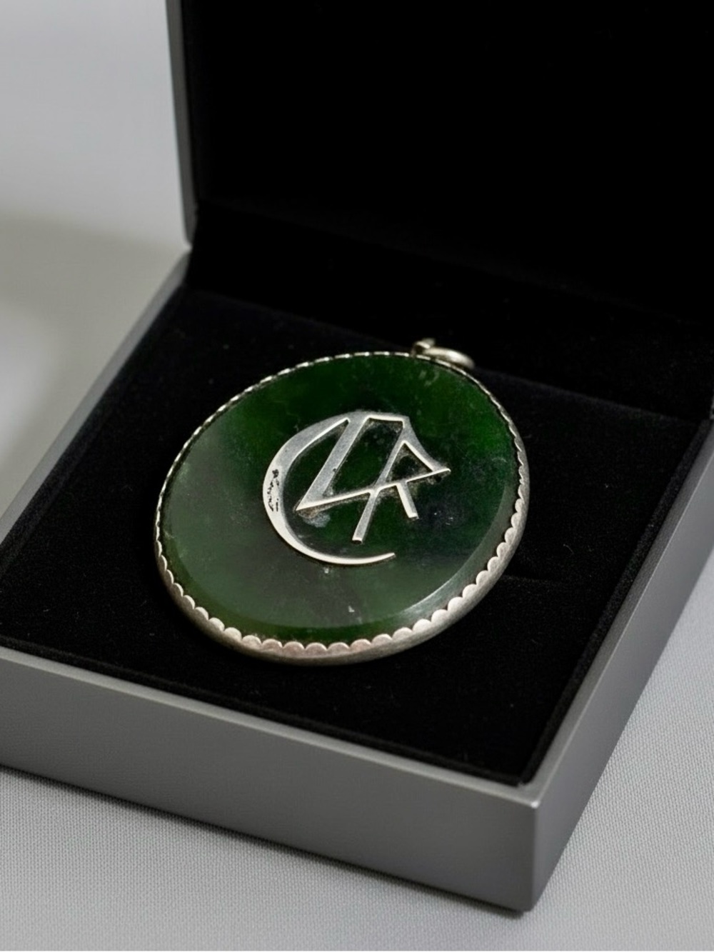 VTG Artisan Sterling Silver Green Jade Pendant Oval With Monogram Symbol Signed